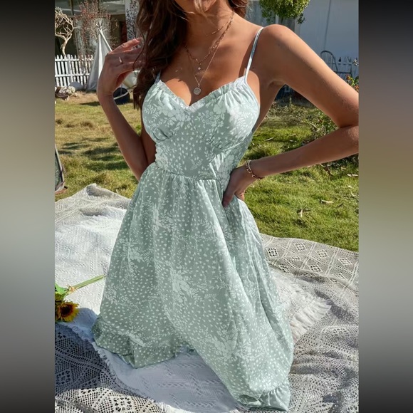 Boho floral print ruffle cami dress sage - Picture 3 of 5